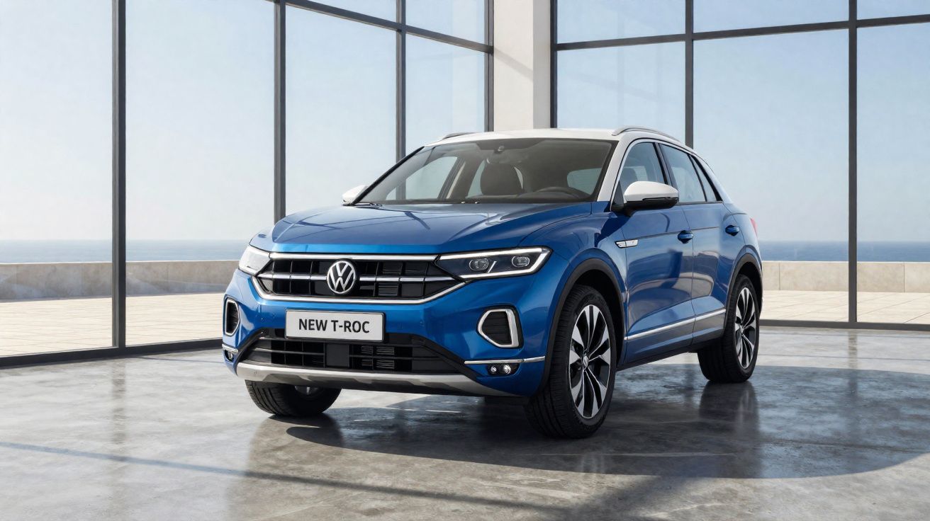 Volkswagen New T-Roc azul com teto branco em ambiente interno com janelas grandes e vista para o mar.