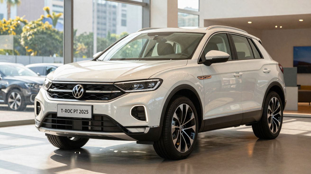 Carro SUV Volkswagen T-Roc 2025 branco exibido em showroom iluminado e moderno.