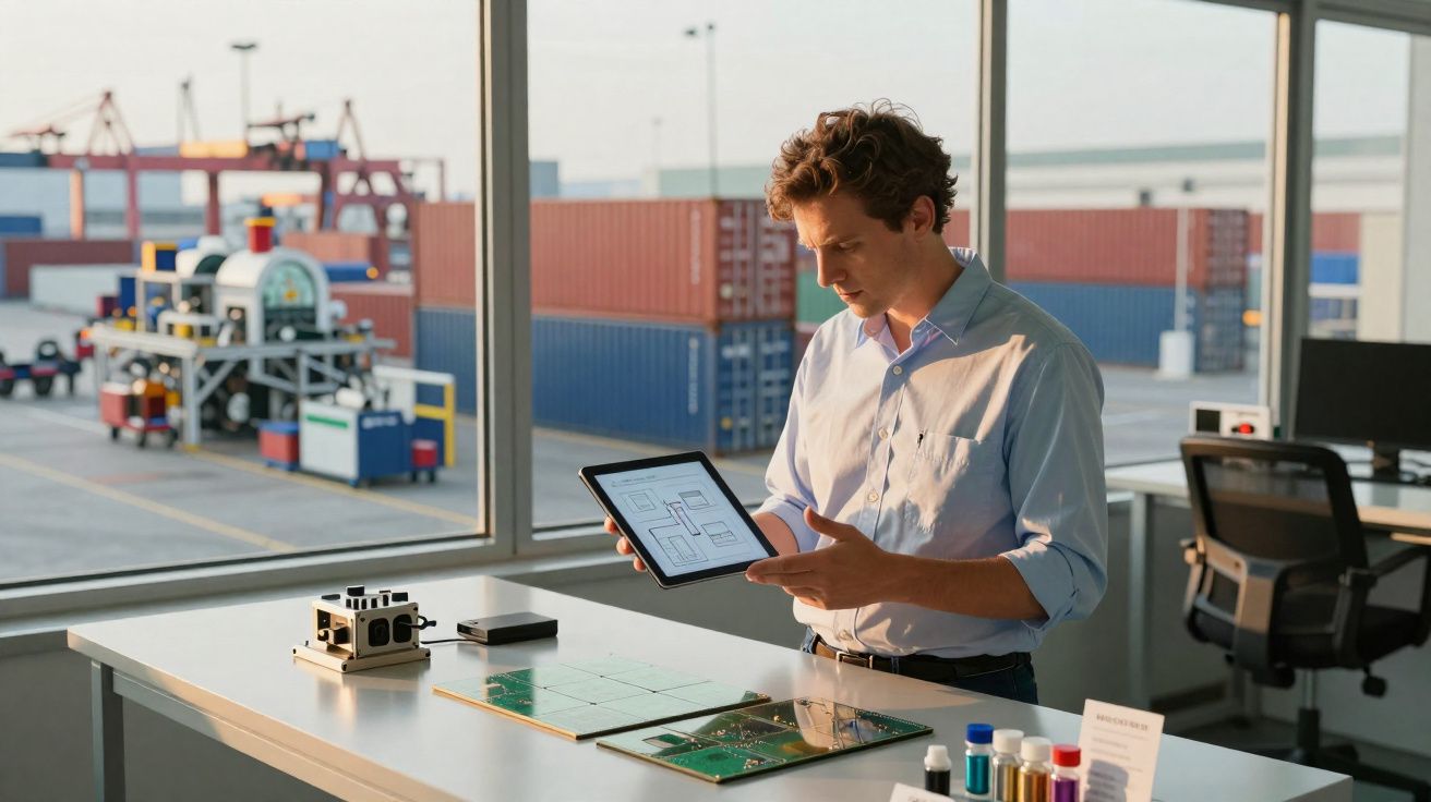 Homem em escritório com janelas grandes, analisando projeto em tablet com containers no fundo.