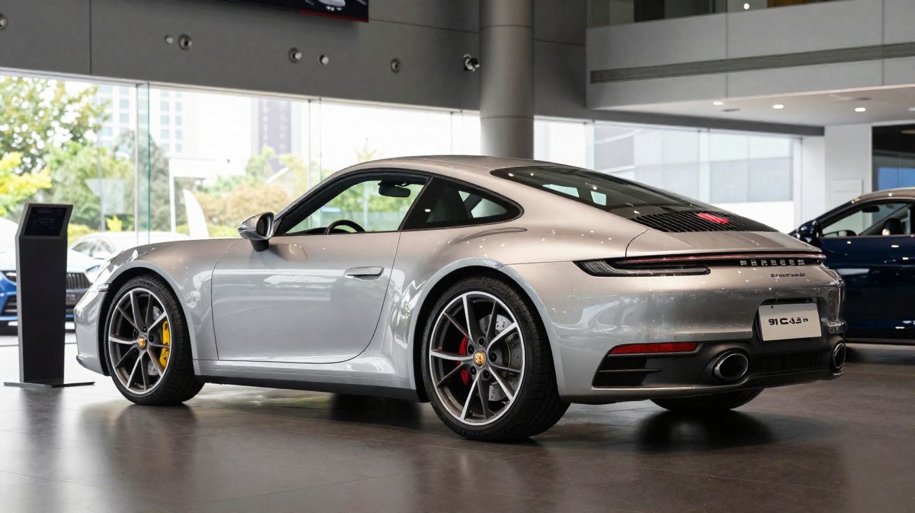 Carro esportivo prata Porsche 911 Carrera 4S estacionado dentro de um showroom moderno.