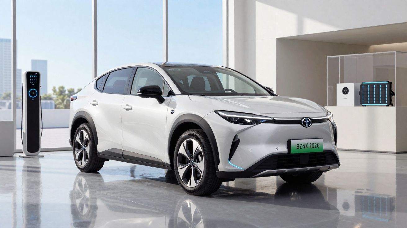 Carro elétrico Toyota branco estacionado próximo a um carregador em ambiente moderno e iluminado.
