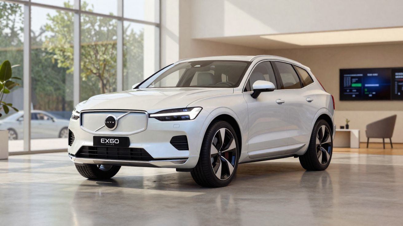 Carro elétrico Volvo EX60 branco em exposição em ambiente interno moderno e iluminado.
