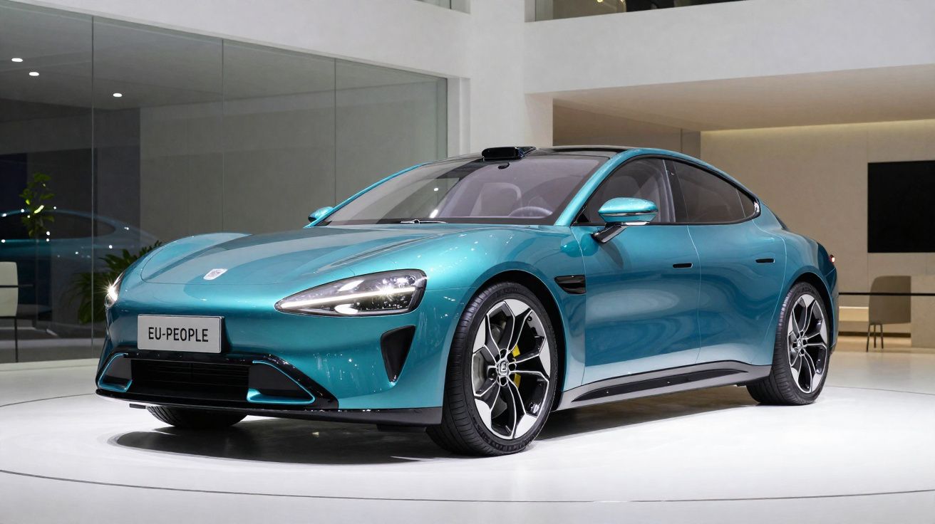 Carro elétrico azul brilhante exibido em plataforma redonda dentro de showroom moderno e iluminado.