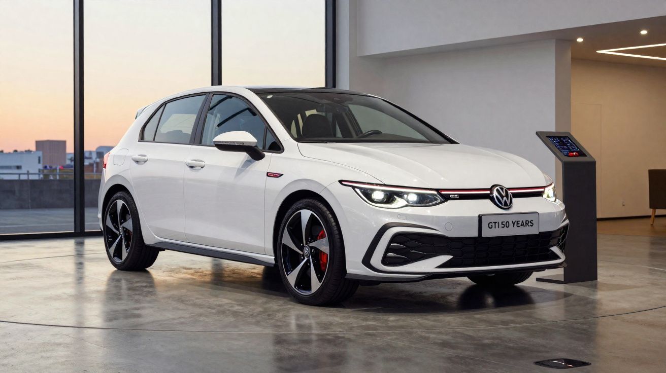 Carro branco Volkswagen GTI 50 Years em ambiente interno moderno com piso de concreto polido.