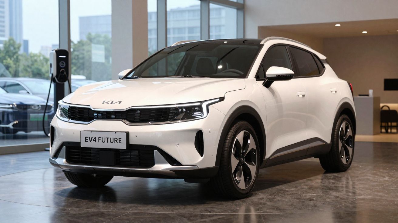 Carro elétrico branco Kia EV4 Future em showroom moderno com piso de mármore.