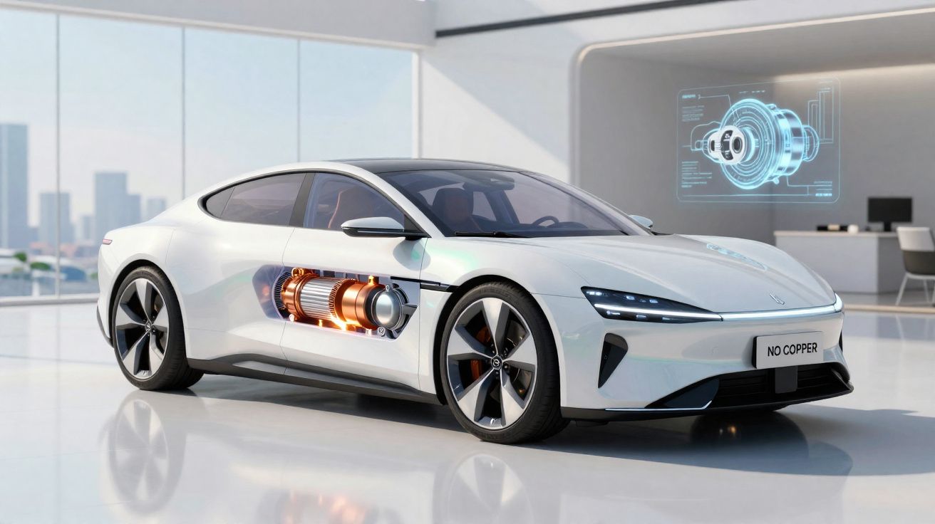 Carro elétrico branco em ambiente moderno com motor elétrico transparente visível na lateral.