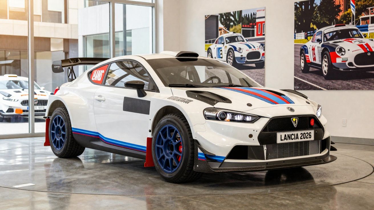 Carro de rali branco com detalhes em azul e vermelho, placa Lancia 2026, em showroom iluminado.