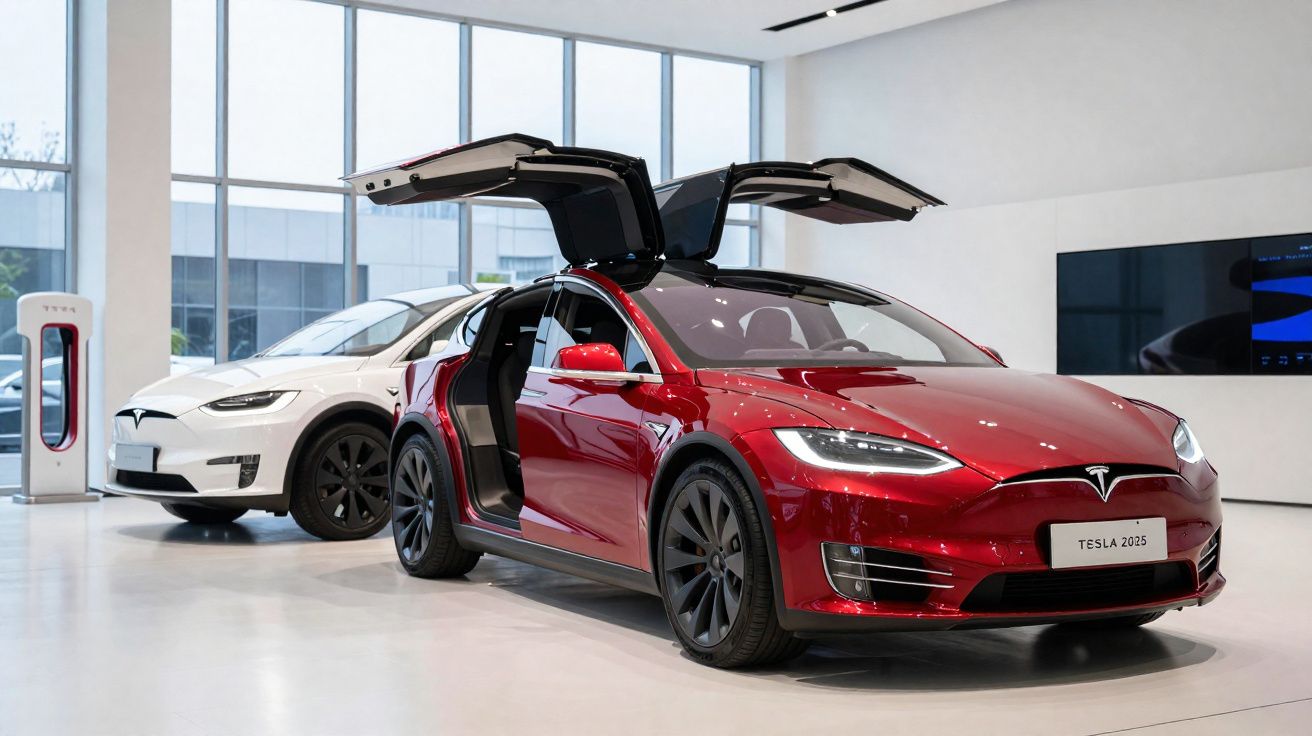 Carros Tesla Model X em showroom, um vermelho com portas abertas em estilo asa de falcão e outro branco ao fundo.