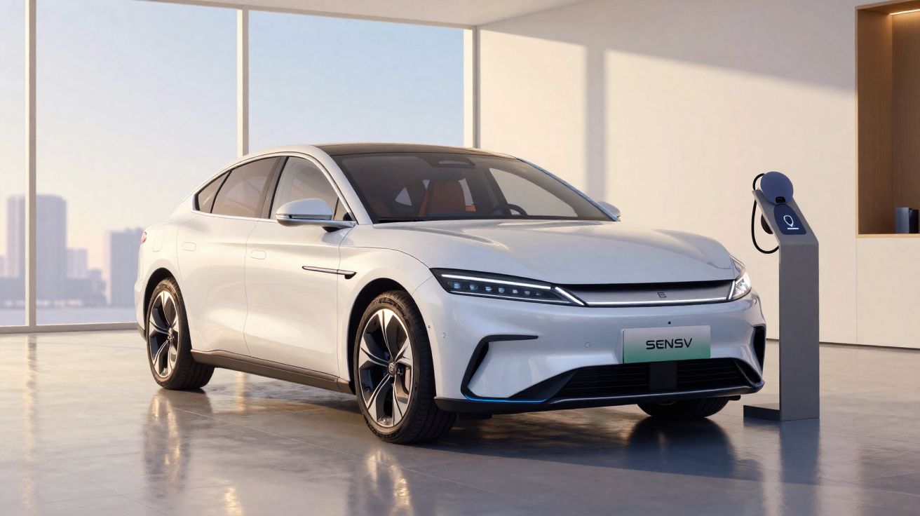 Carro elétrico branco estacionado em garagem moderna ao lado de ponto de recarga.