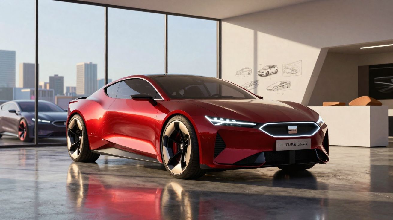 Carro esportivo vermelho futurista estacionado em showroom moderno com grandes janelas e outro carro ao fundo.