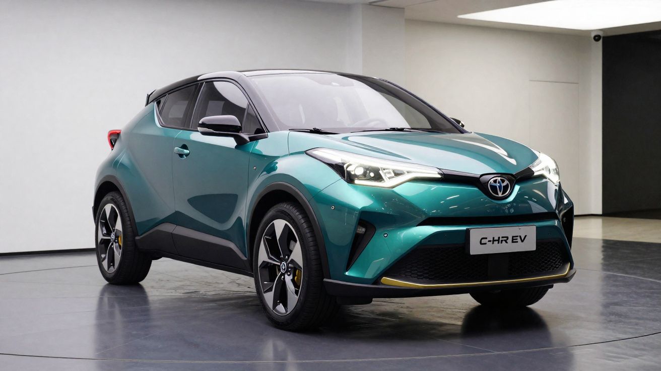 Carro elétrico Toyota C-HR EV verde em exposição dentro de salão moderno e iluminado.
