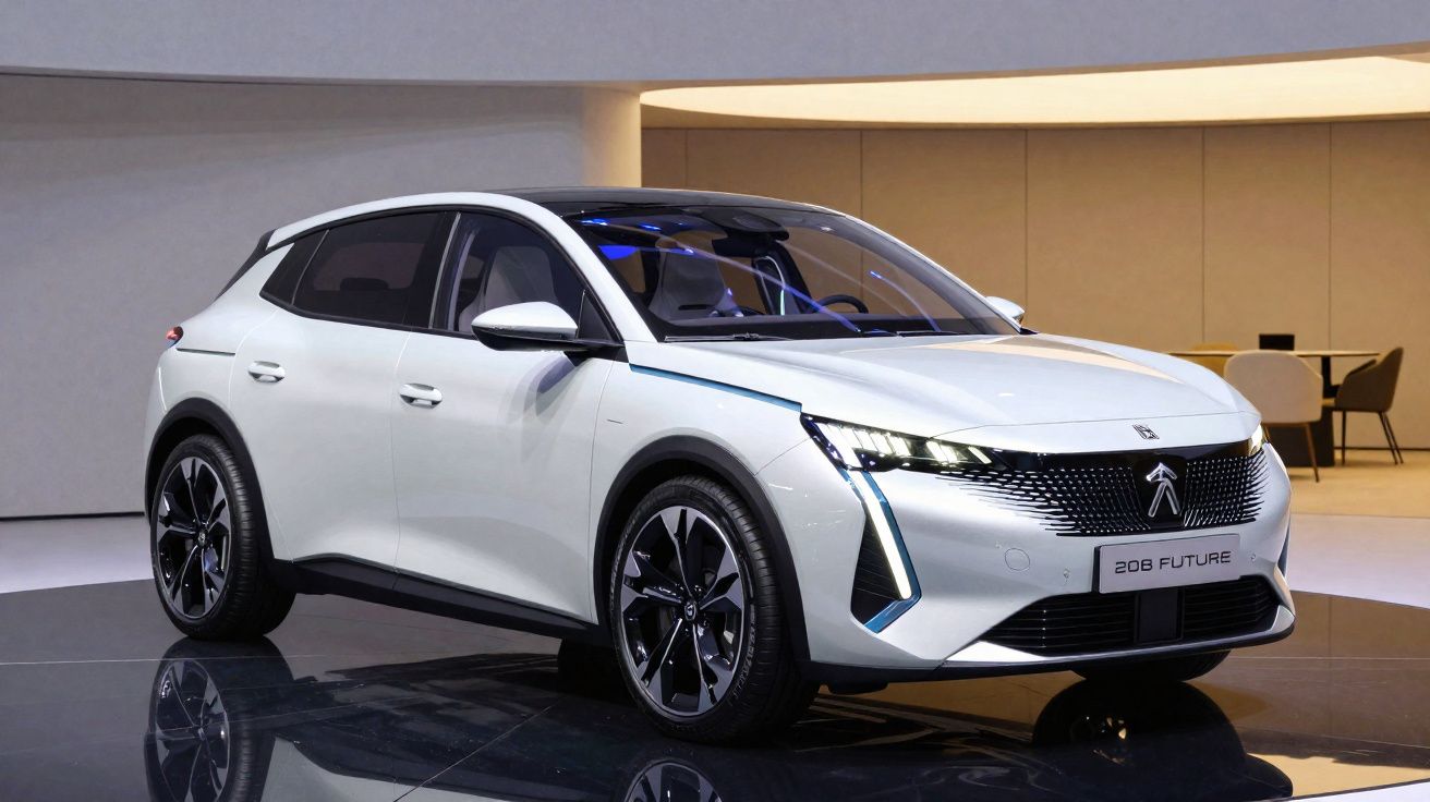 Carro elétrico Peugeot 208 Future branco exibido em showroom moderno com iluminação suave.