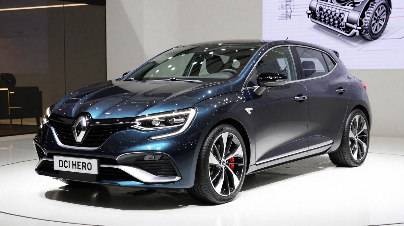 Carro hatchback Renault DCI Hero azul metálico exposto em salão automotivo, vista frontal e lateral direita.