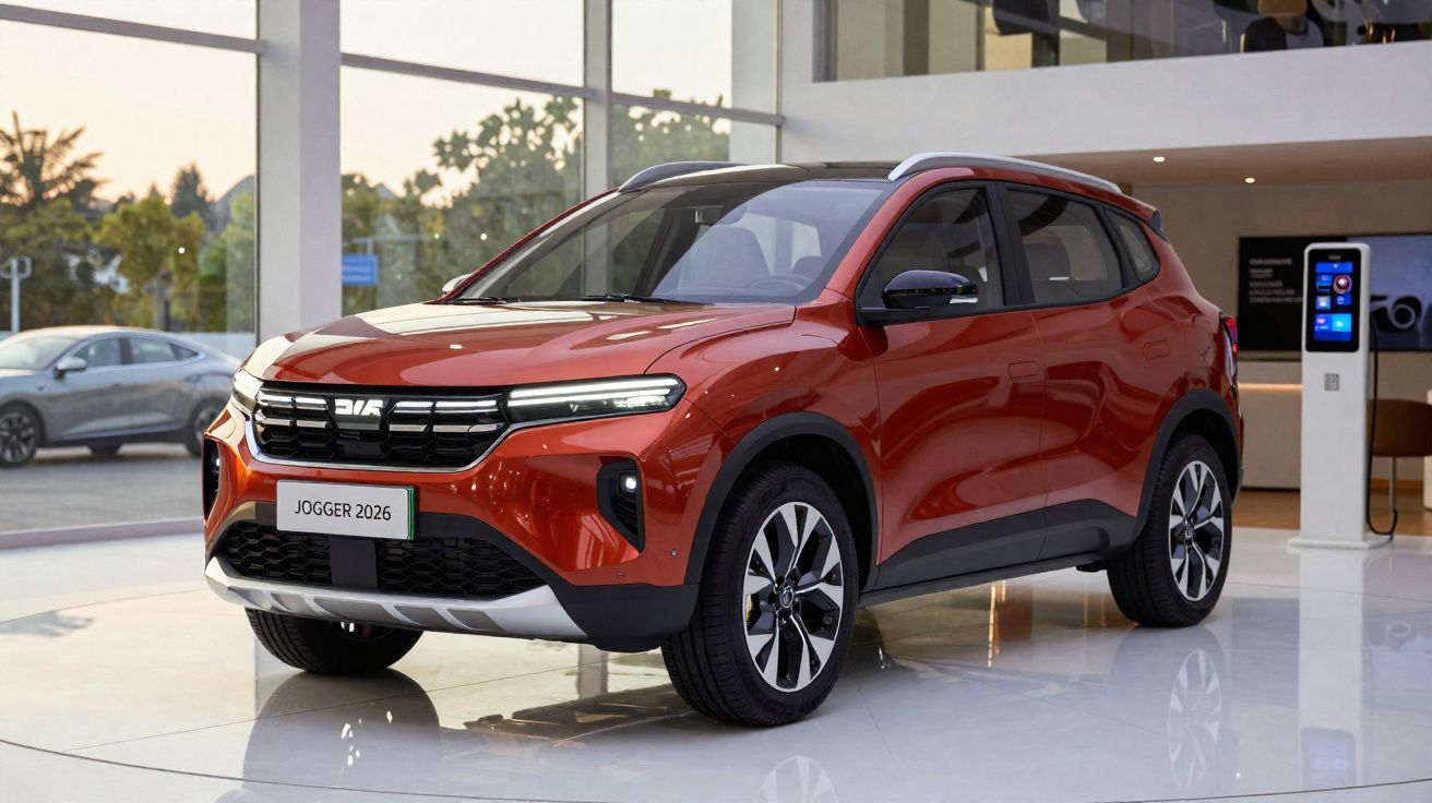 SUV vermelho 2026 modelo Jogger exibido em showroom moderno com piso branco e paredes de vidro.