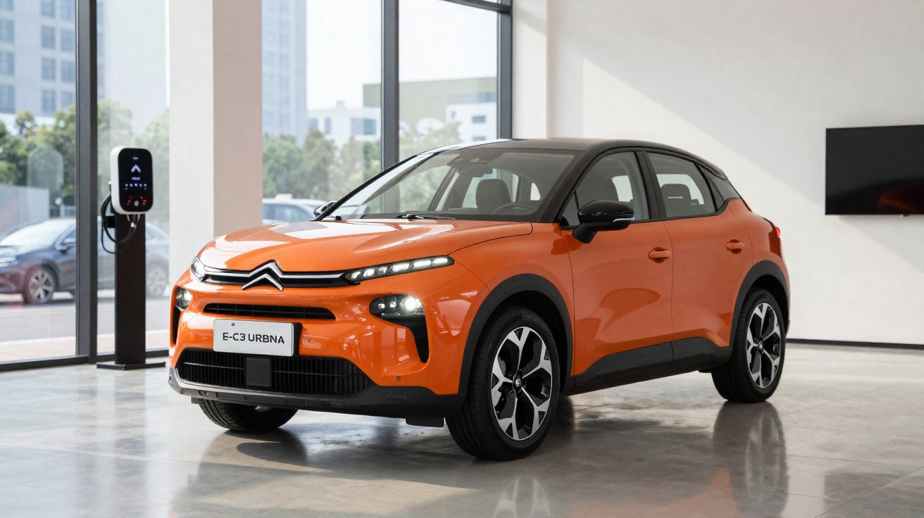 Carro elétrico Citroën E-C3 Urbana laranja estacionado em showroom moderno com carregador ao fundo.