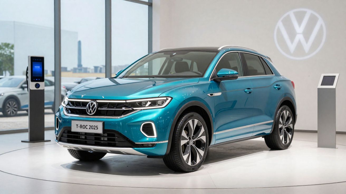 Carro SUV Volkswagen T-Roc 2025 azul em exposição interna com logo Volkswagen na parede.