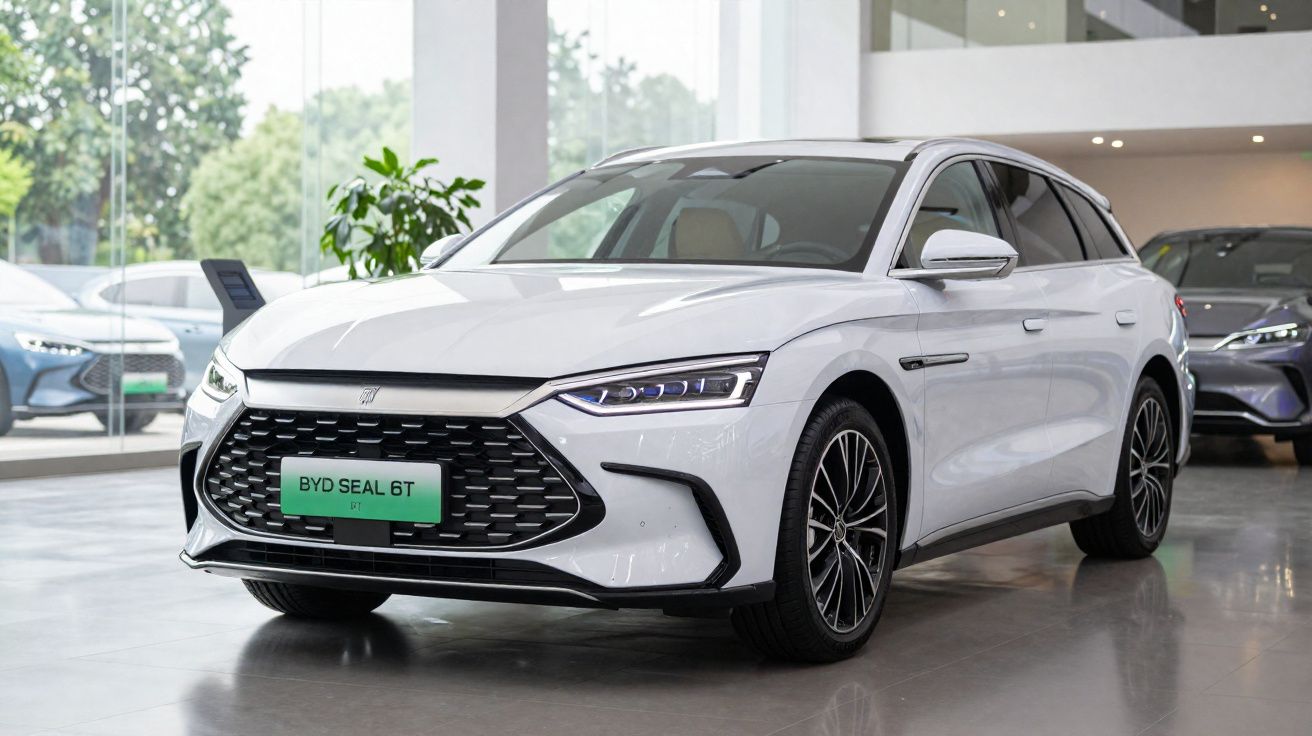 Carro elétrico branco BYD Seal 6T em exposição interna com design moderno e faróis LED.