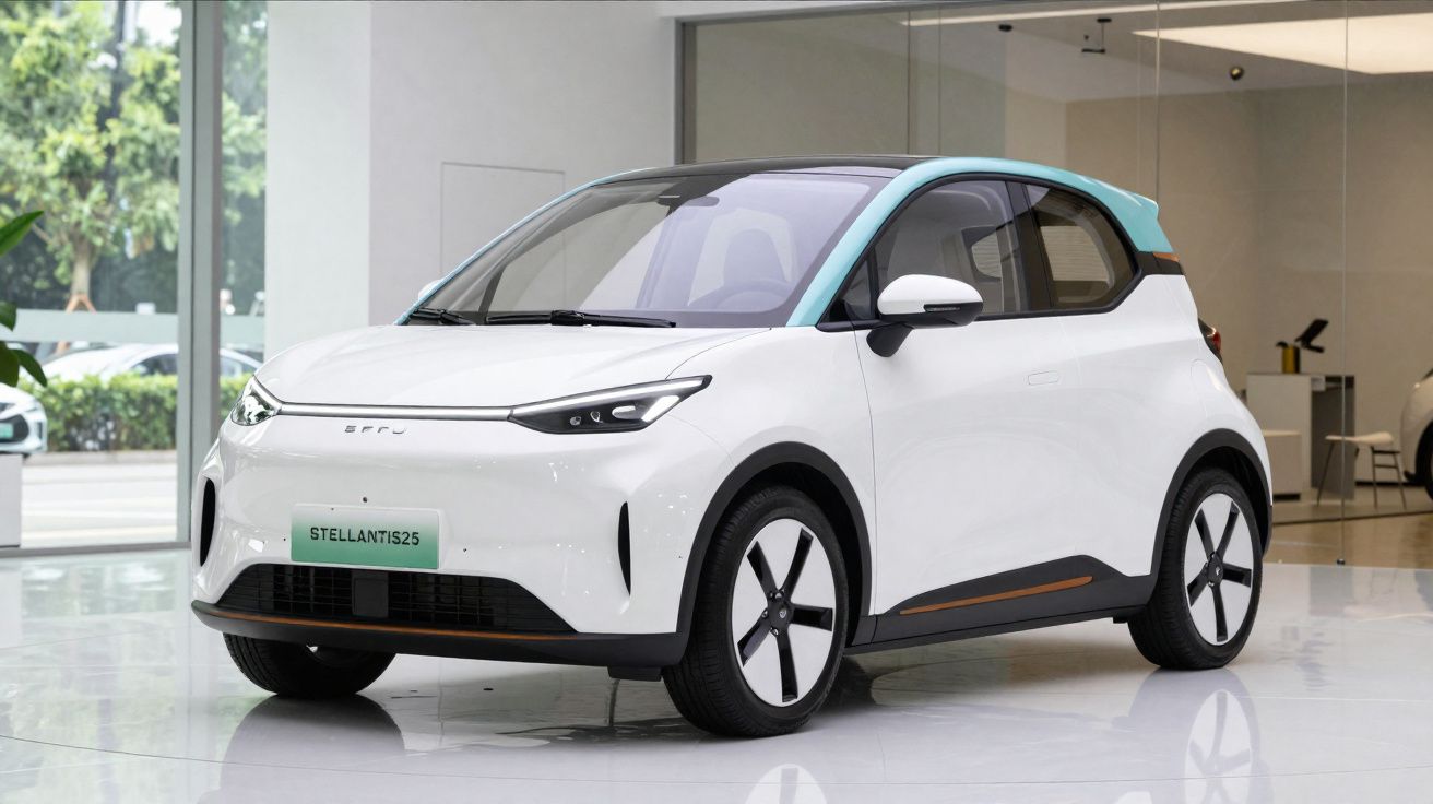 Carro elétrico compacto branco com teto azul claro estacionado em showroom moderno e minimalista.