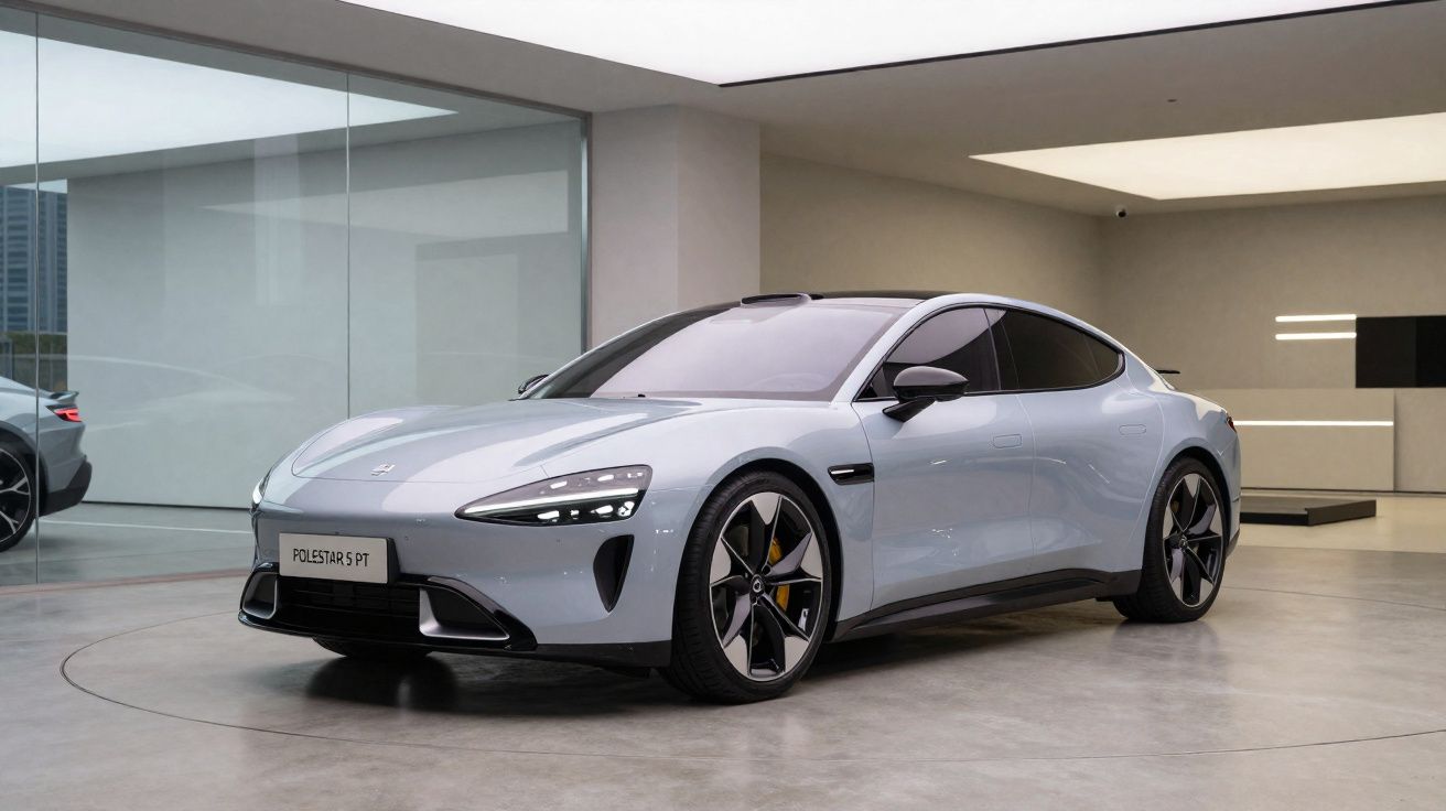 Carro esportivo elétrico Polestar 5 cinza em showroom moderno com pisos claros e paredes de vidro.