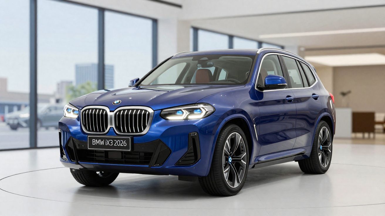 SUV BMW iX3 azul 2026 em ambiente interno com design moderno e detalhes em preto e cromado.