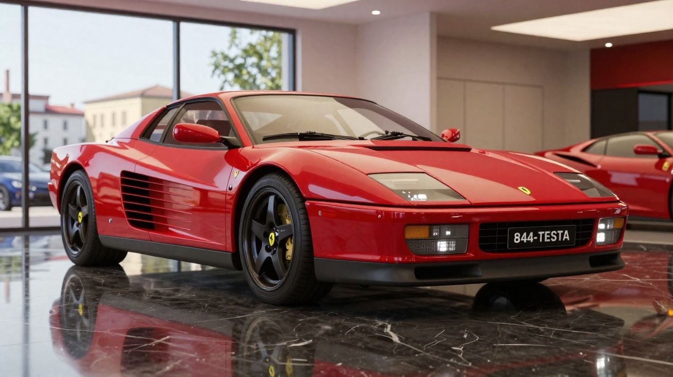 Carro esportivo Ferrari F355 vermelho estacionado em showroom com piso de mármore preto e paredes claras.