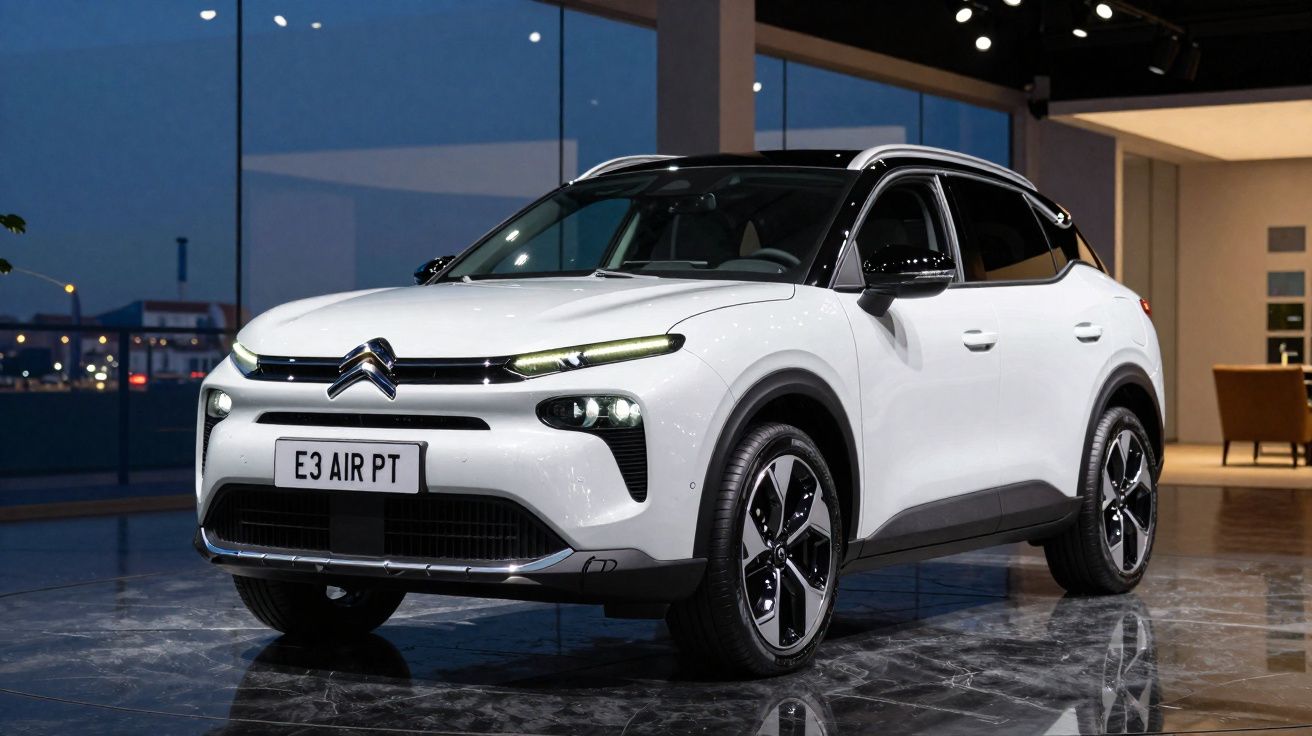 SUV branco Citroën E3 Air PT estacionado em ambiente interno moderno com piso refletivo.