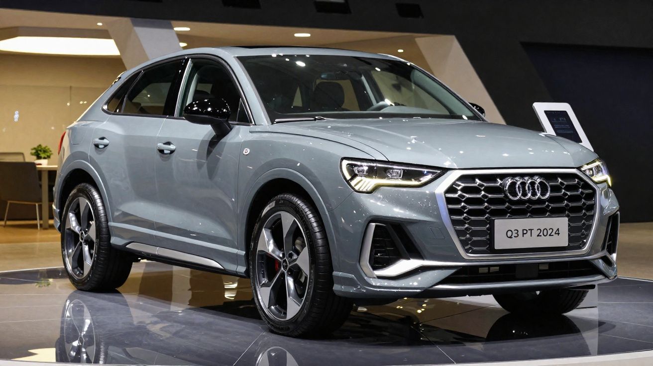 Audi Q3 PT 2024 cinza em exibição, destaque para faróis de LED e grade hexagonal frontal.