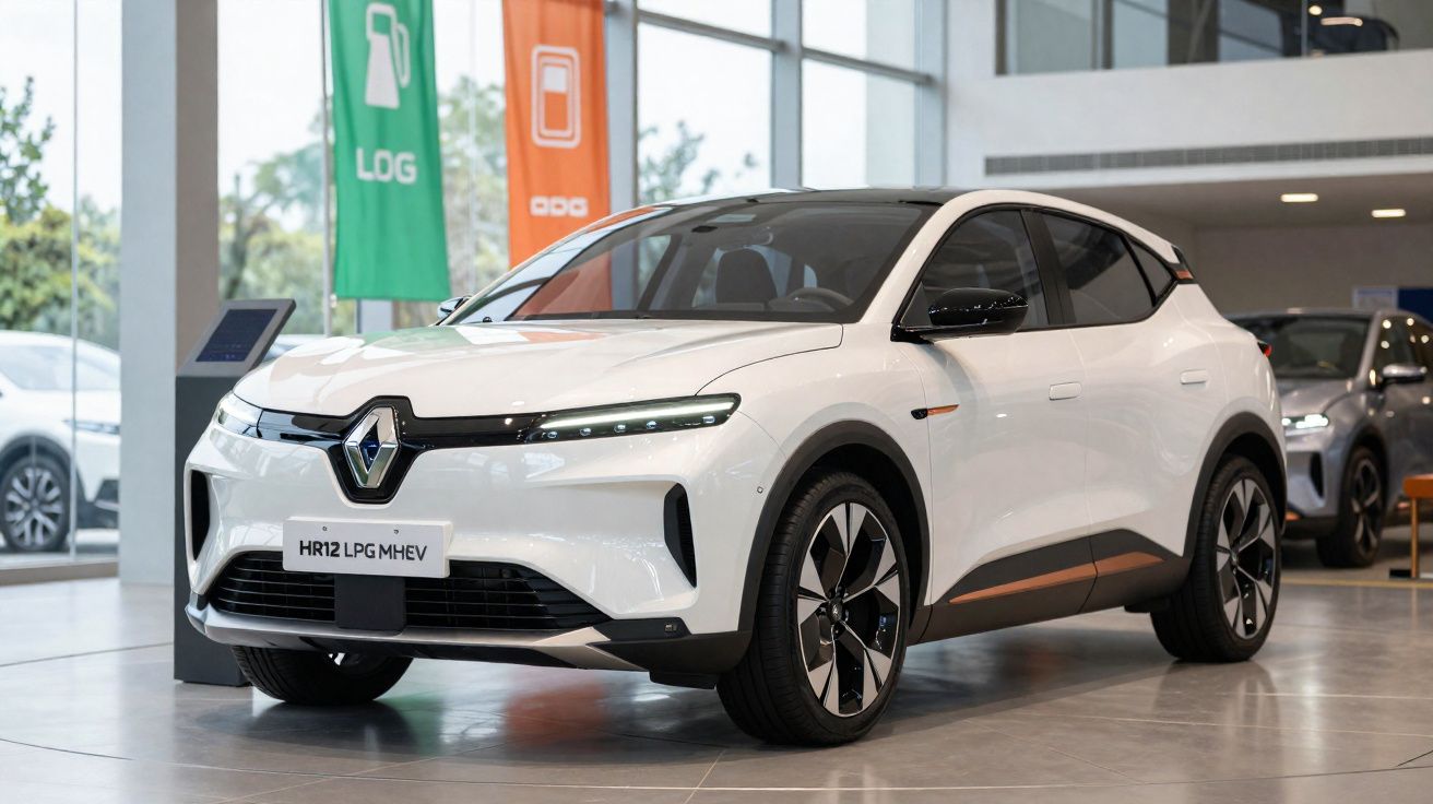 Carro branco Renault HR12 LPG MHEV exposto em concessionária moderna com grandes janelas.