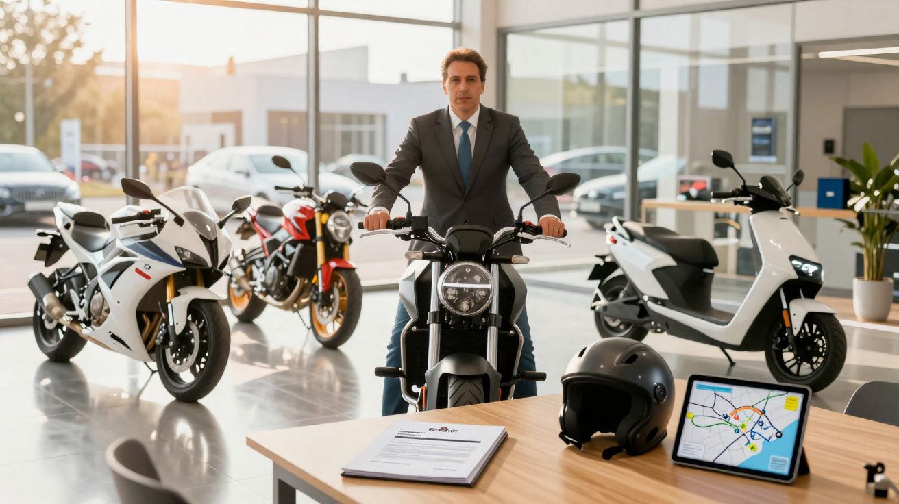 Homem de terno em motocicleta em showroom com outras motos, capacete e tablet com mapa na mesa.