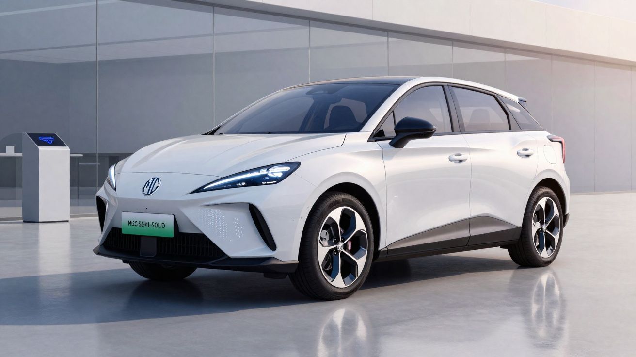 Carro elétrico branco estacionado próximo a estação de recarga em ambiente moderno e minimalista.