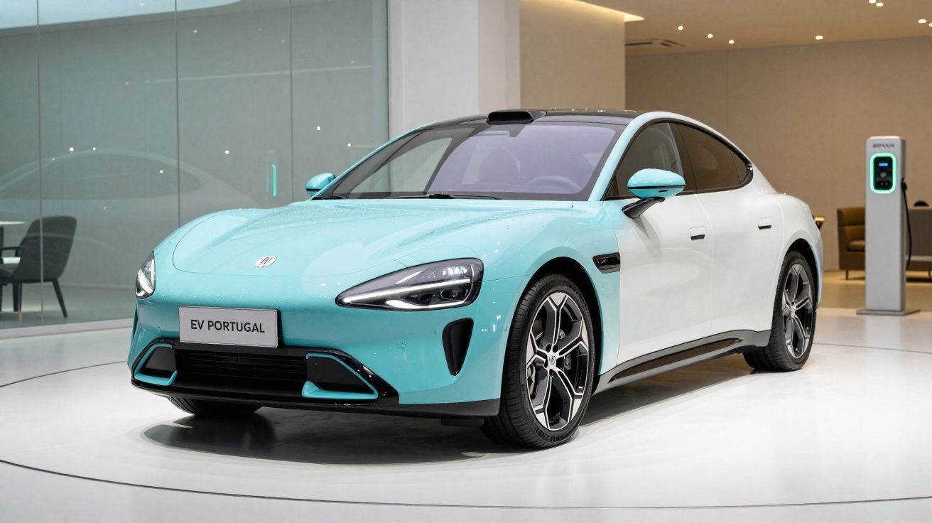 Carro elétrico esportivo azul e branco estacionado em showroom moderno com carregador ao fundo.