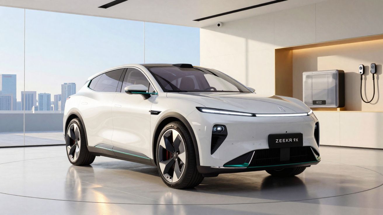 Carro elétrico branco Zeekr 9X em showroom moderno com parede de vidro e estação de recarga ao fundo.