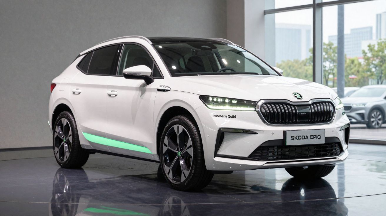 Carro SUV branco Skoda Epiq estacionado em ambiente interno moderno com grandes janelas de vidro ao fundo.