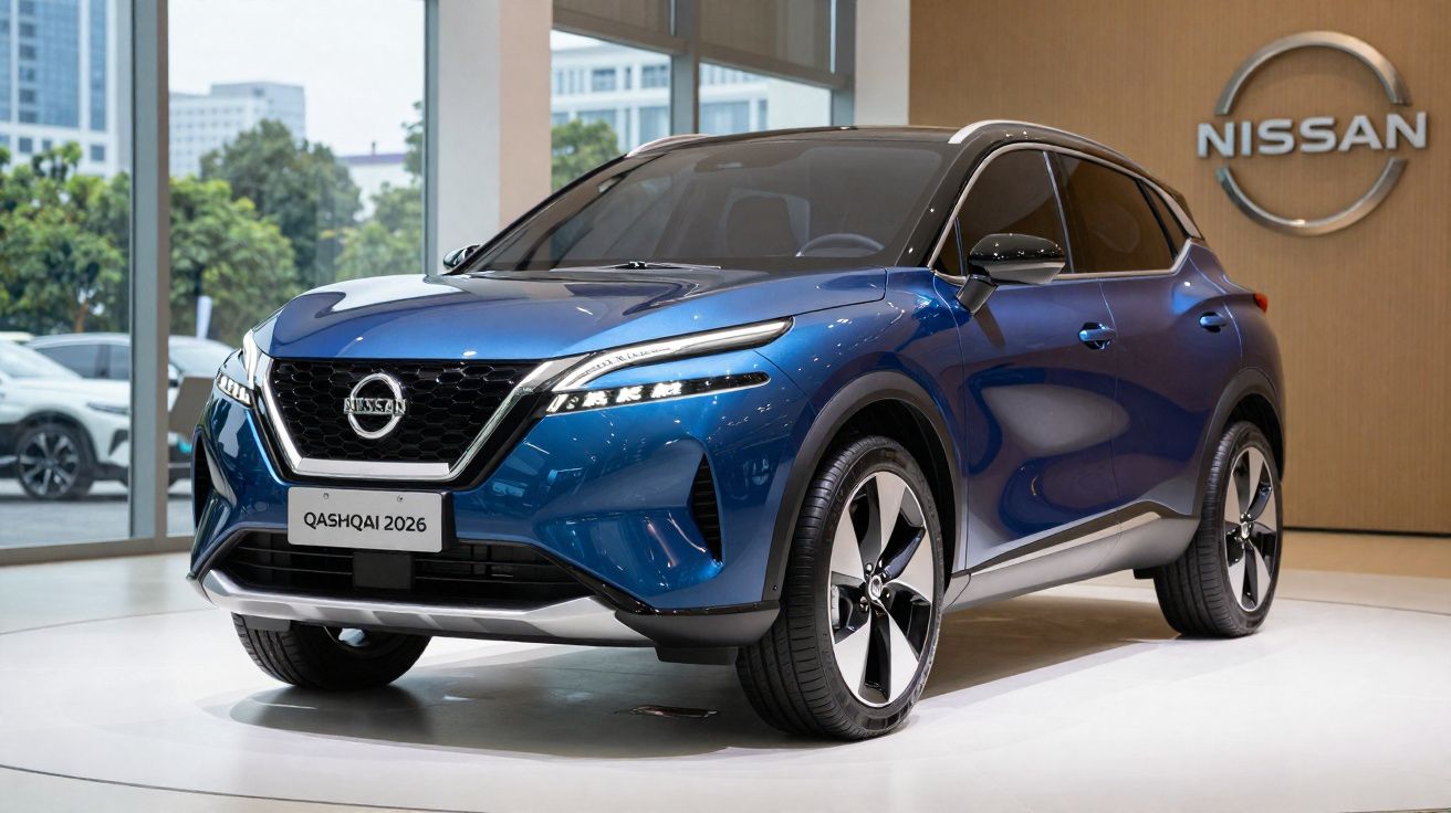 SUV Nissan Qashqai 2026 azul exibido em showroom com logo da Nissan ao fundo.