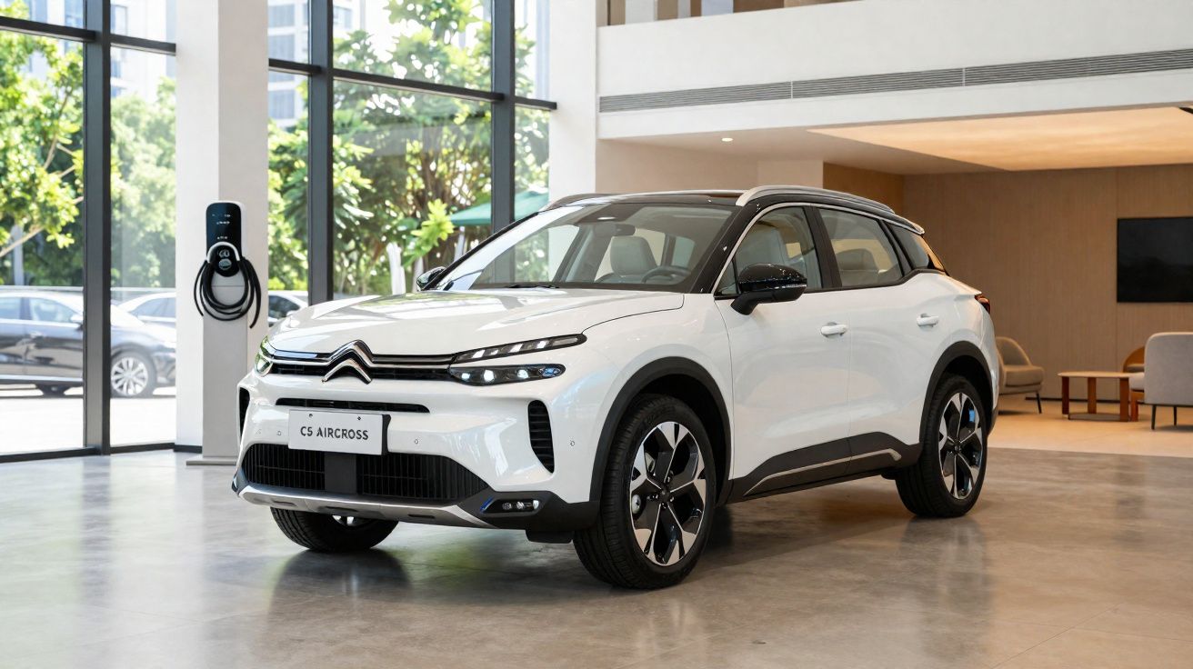 SUV elétrico branco Citroën C5 Aircross em exposição dentro de showroom moderno com estação de carregamento ao lado.