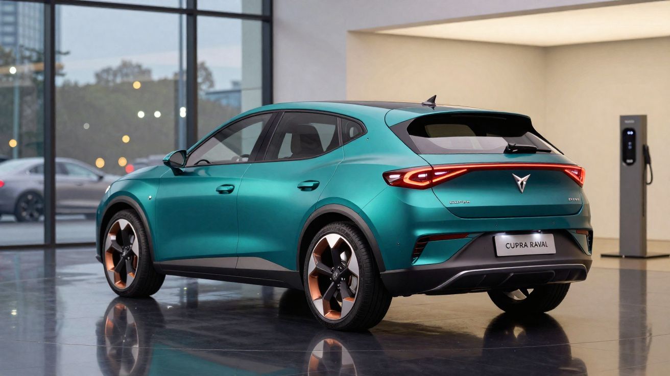 Carro elétrico Cupra Raval verde em exposição interna com carregador ao fundo.