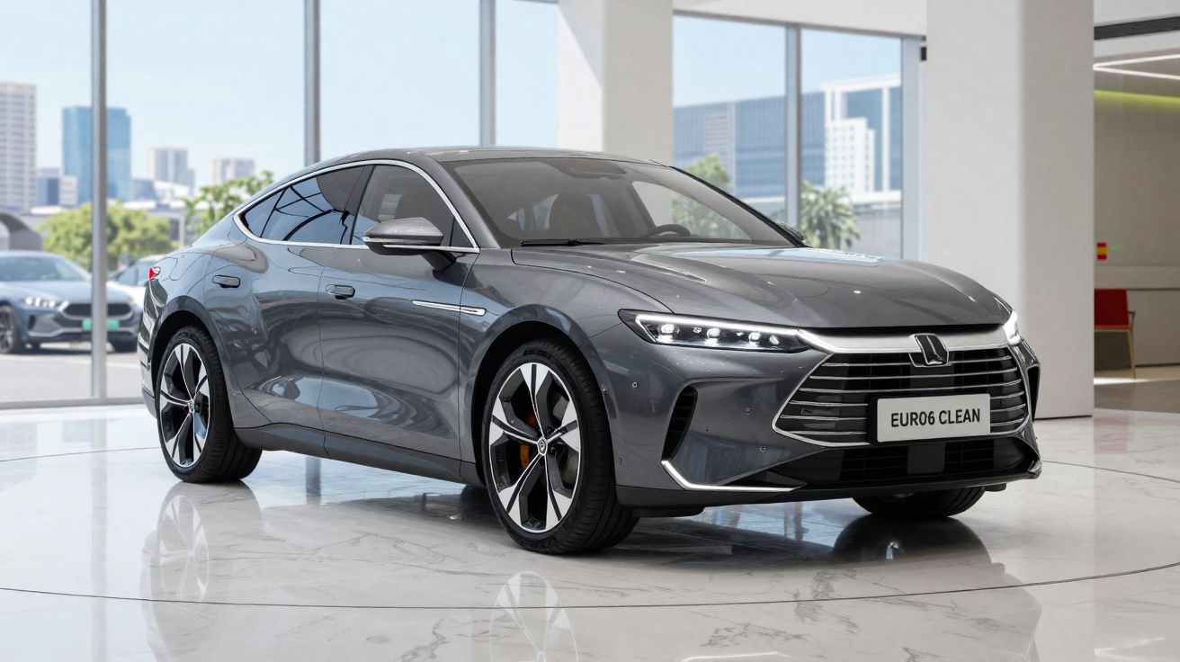 Carro elétrico cinza moderno exibido em showroom com piso branco e janelas grandes ao fundo.