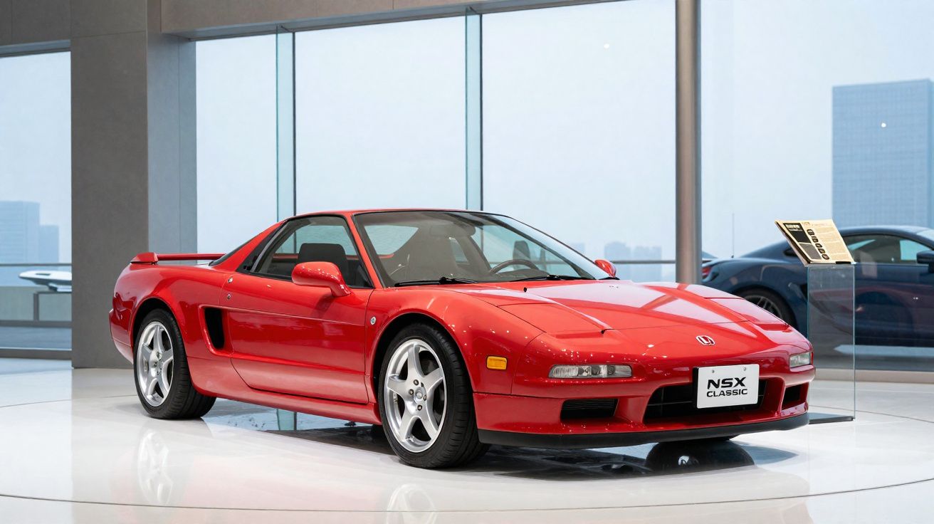 Carro esportivo vermelho Honda NSX Classic exposto em sala de vidro com piso branco.