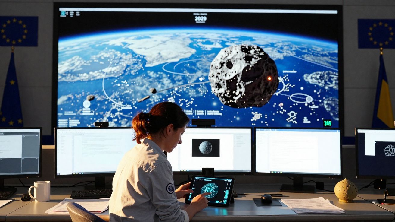 Pessoa analisando dados de asteroides em múltiplas telas em uma sala de controle com bandeiras da União Europeia ao fundo.