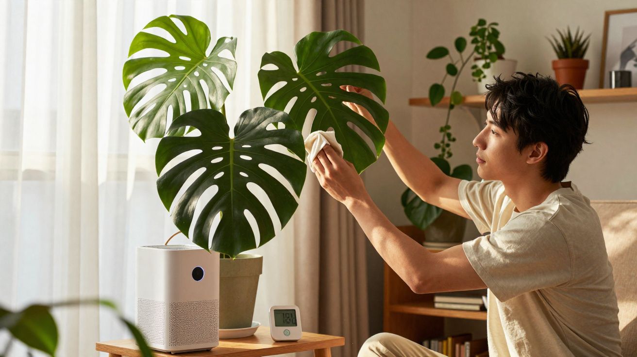 Homem limpando folhas grandes de planta Monstera em sala iluminada com ar condicionado portátil.