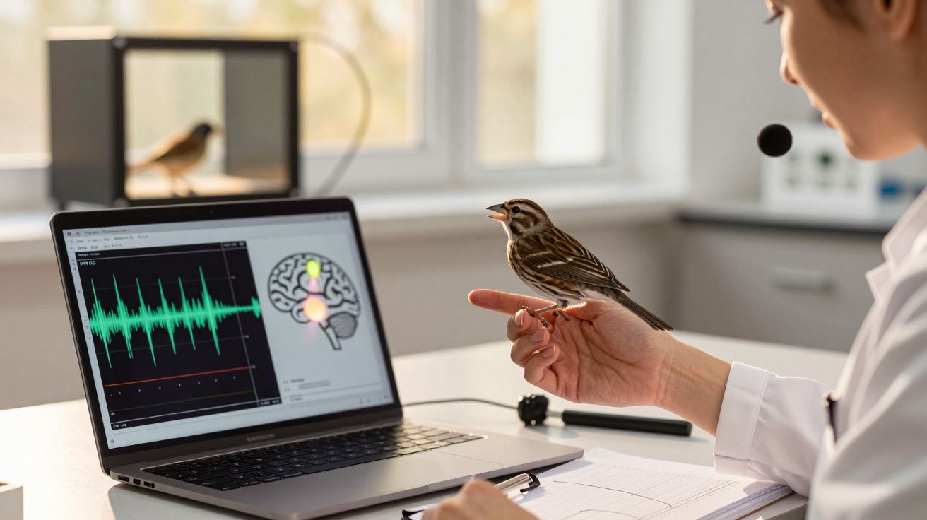 Pessoa com microfone segurando pássaro enquanto observa dados cerebrais em laptop em ambiente de pesquisa.