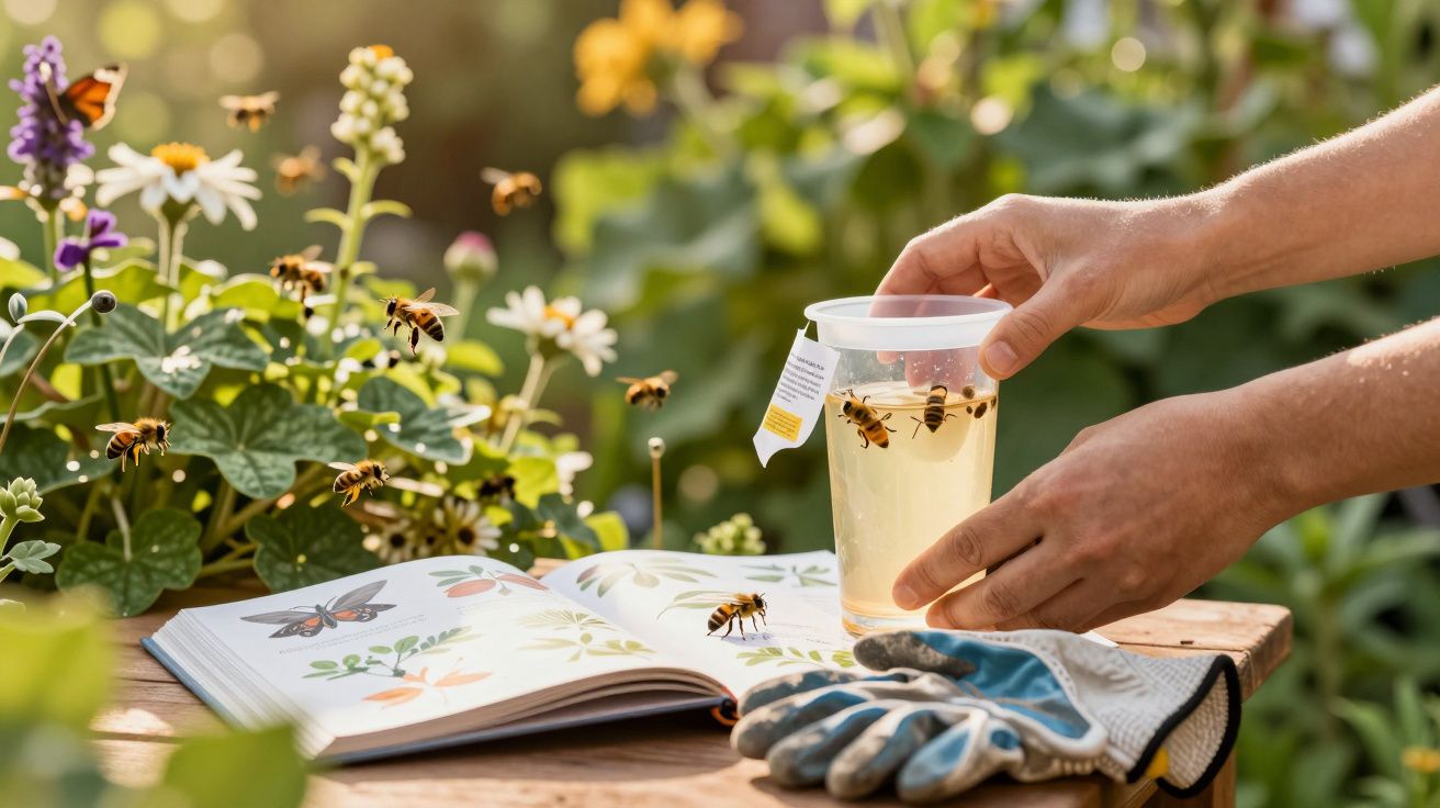 Pessoa segurando copo com líquido atrativo para abelhas perto de livro aberto com ilustrações de plantas e luvas.