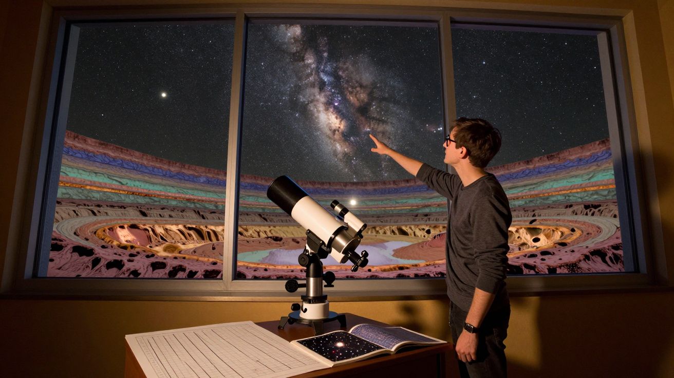 Pessoa aponta para o céu estrelado com via láctea vista por janela, telescópio e livro em mesa.