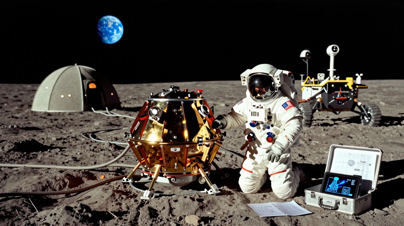 Astronauta na superfície lunar próximo a módulo lunar dourado, equipamentos e Terra ao fundo.