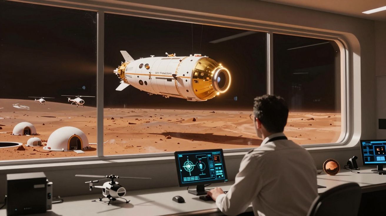 Homem observa nave espacial pousando em colônia futurista no planeta Marte pela janela de base científica.