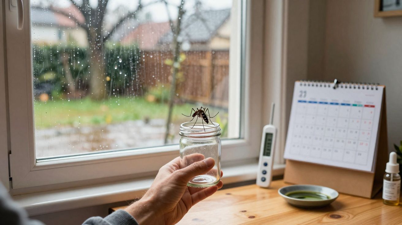 Mão segurando pote de vidro com mosquito dentro, janela com gotas de chuva ao fundo.