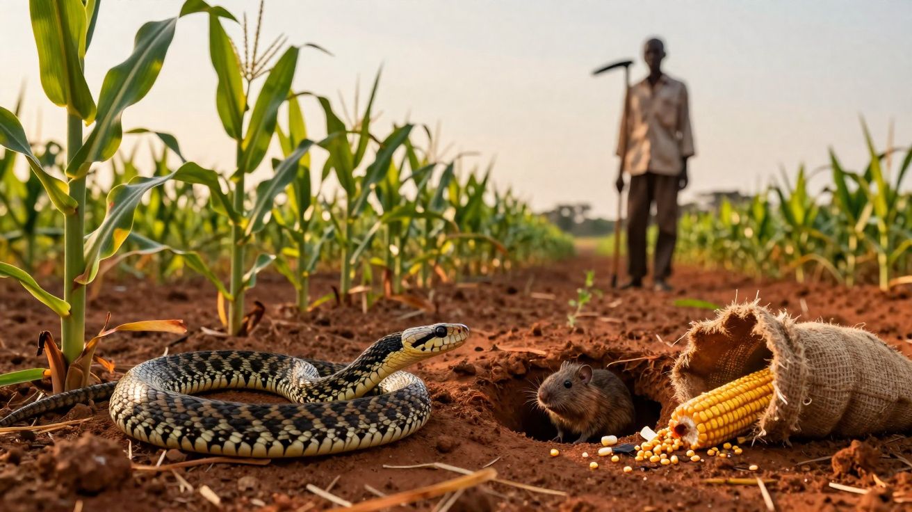 Cobra enrolada no solo perto de rato saindo da toca em plantação de milho com agricultor ao fundo.