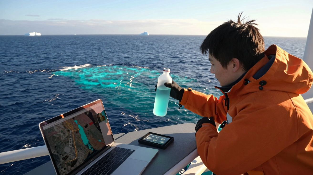 Pessoa com jaqueta laranja analisando água e dados em laptop em barco no mar com icebergs ao fundo.