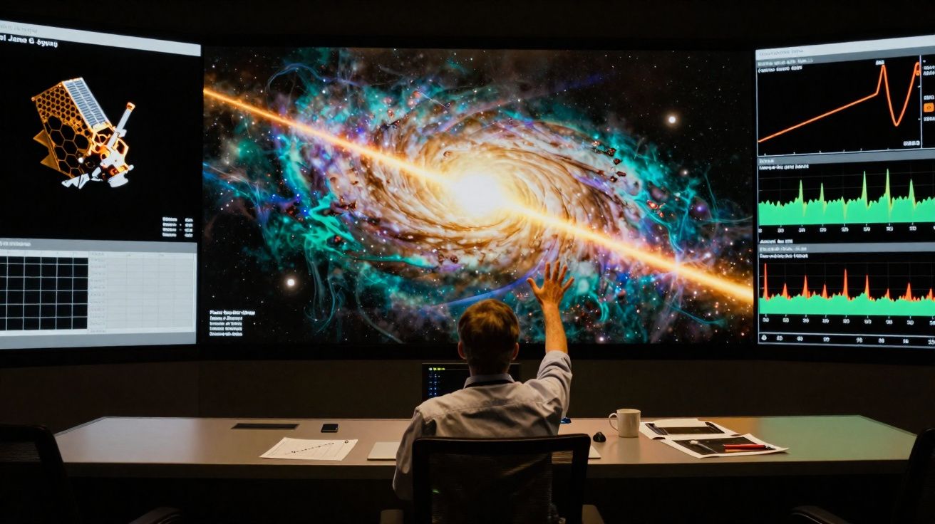 Pessoa em sala de controle analisando imagens e gráficos de galáxia com explosão luminosa em telas grandes.