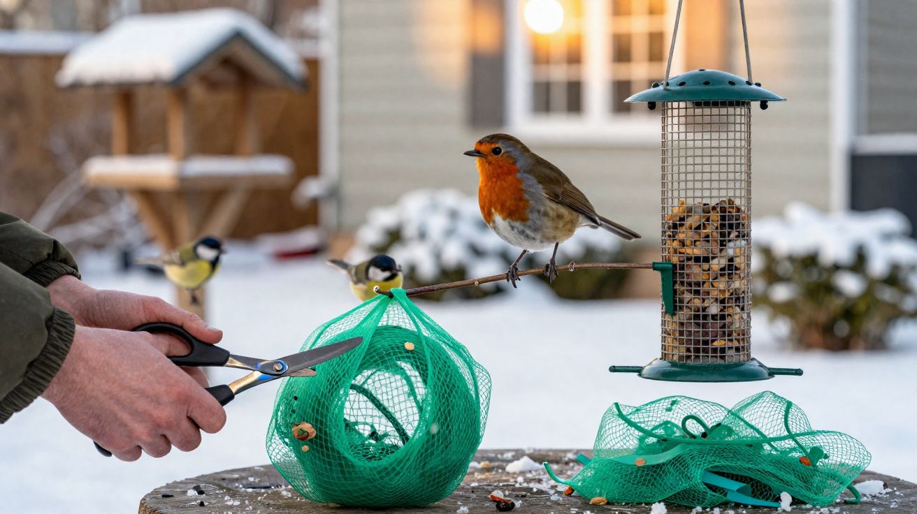 Mãos cortam rede verde para alimentar pássaros durante inverno com pássaro com peito laranja pousado em comedouro.